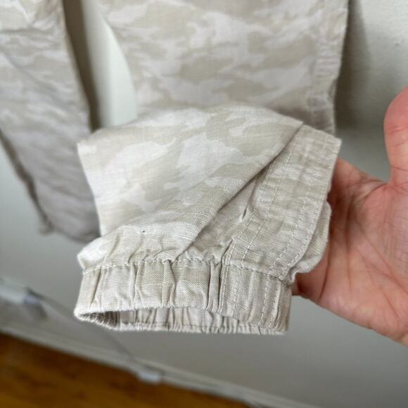 Athleta Cream & Tan Camo Cabo Print Tied Linen Jogger Pant Zip Front Pockets 4 - Picture 8 of 15